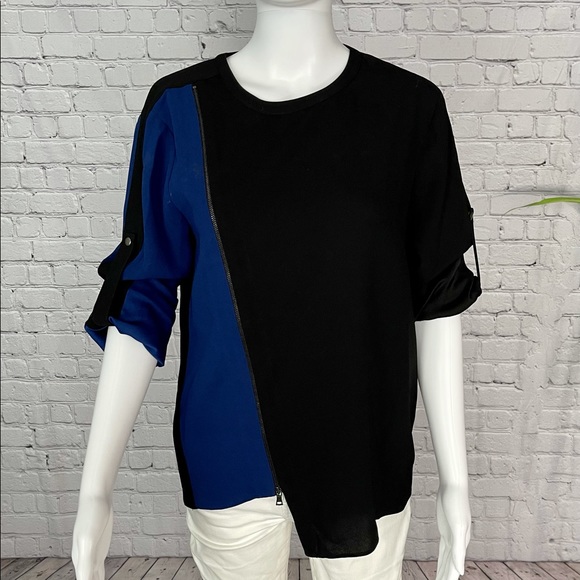 BCBGMAXAZRIA Versatile Blue-Aqua-Black Zip Blouse - Picture 6 of 11